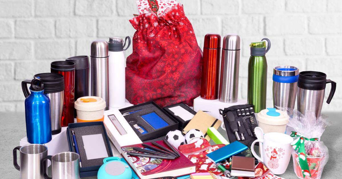 An extensive assortment of promotional business products and gear, including thermoses, mugs, pens, and more.