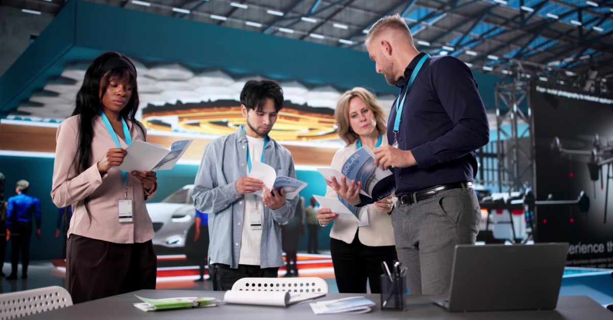 Four attendees review printed brochures at a trade show booth with a car display, a laptop, and branded lanyards nearby.